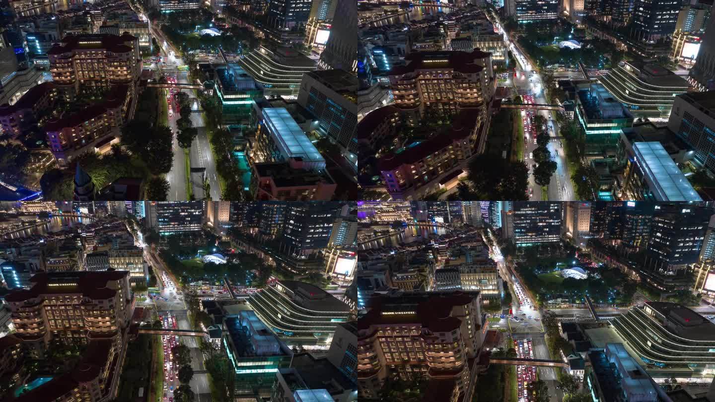 夜景照明新加坡市中心著名酒店区交通街道航拍全景4k延时拍摄