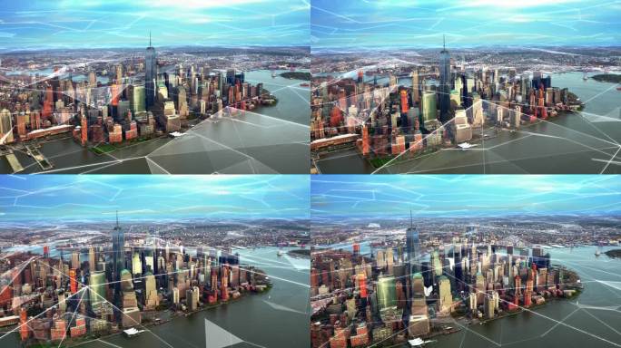 曼哈顿天际线的鸟瞰图。Technology-Futuristic。曼哈顿市中心白天的照片。
