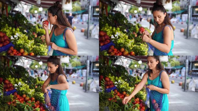 女士用可重复使用的环保棉袋购买水果。