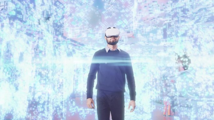年轻的软件开发人员测试他创建的虚拟现实世界。印度男子戴着VR头盔进入视频游戏，环顾四周，分析性能，未