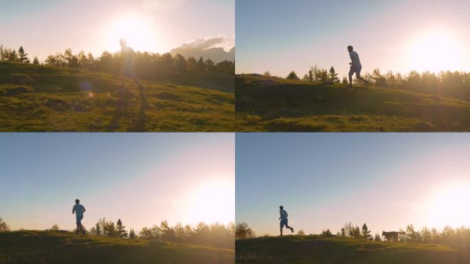 特写镜头:一个运动员带着他的狗晨跑上山