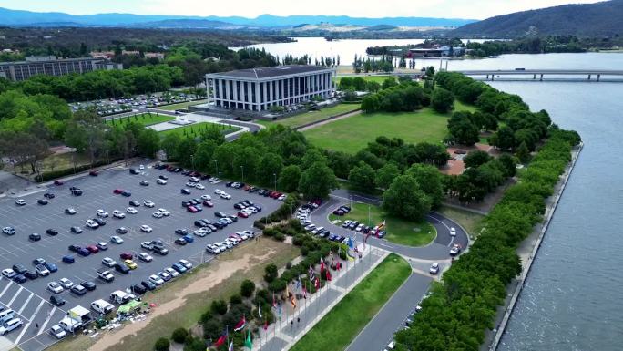 无人机航拍停车场伯利湖格里芬国家图书馆Questacon议会三角区政治旅游国家圈技术旗帜堪培拉澳大利