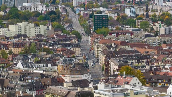 白天飞行在苏黎世城市景观交通街道航拍全景延时4k瑞士