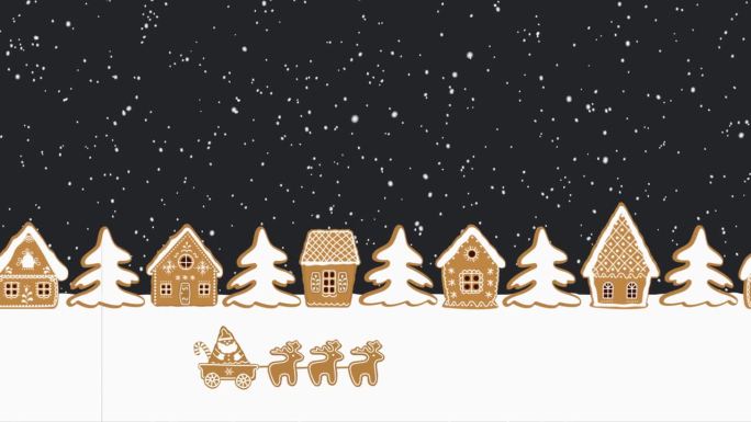圣诞动画。圣诞老人骑着鹿经过姜饼屋