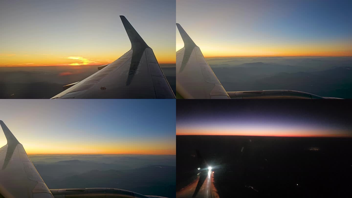 夕阳下的飞行飞机窗外客机机翼