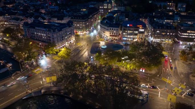 夜间照明苏黎世市中心著名的歌剧院交通广场湖畔航拍全景延时4k瑞士