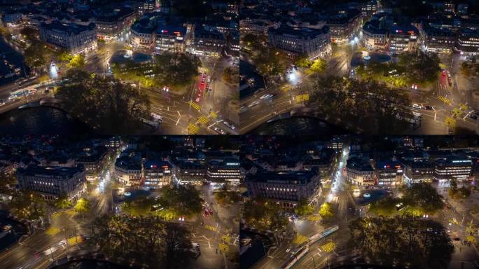 夜间照明苏黎世市中心著名的歌剧院交通广场湖畔航拍全景延时4k瑞士