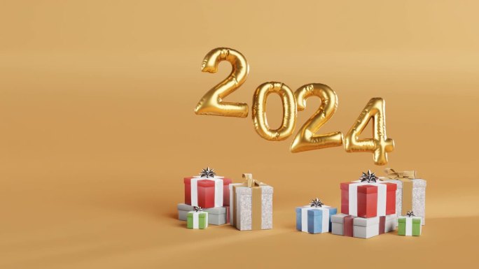 用黄色背景的金色气球和礼物庆祝2024年