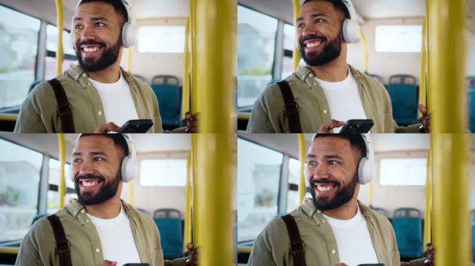 一名男子在公交车上带着手机和耳机，微笑着在城市通勤，快乐地开车。公共交通，服务或乘车，在智能手机上听