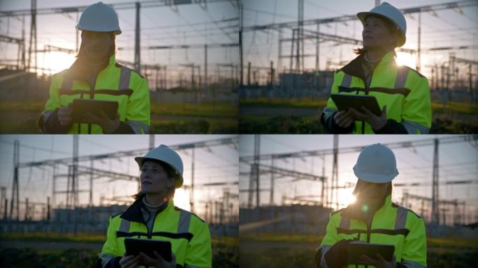 日落时分，女电气工程师在发电站散步时使用数码平板电脑