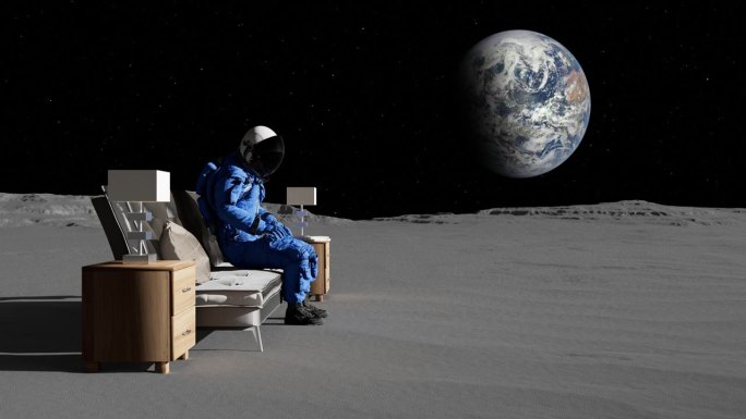 好奇的宇航员在月球表面四处张望。