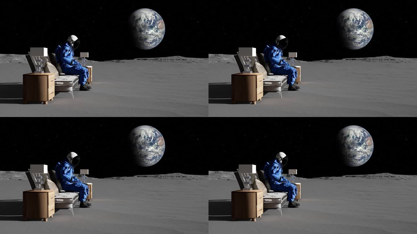 好奇的宇航员在月球表面四处张望。
