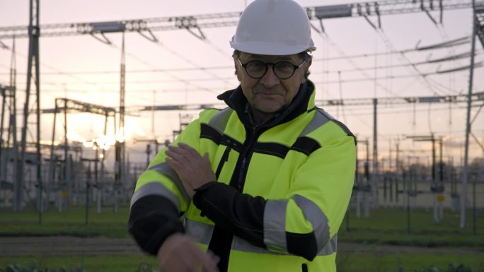 自信的男性电气工程师戴着安全帽双手交叉站在发电站的慢动作肖像。高压工程师肖像