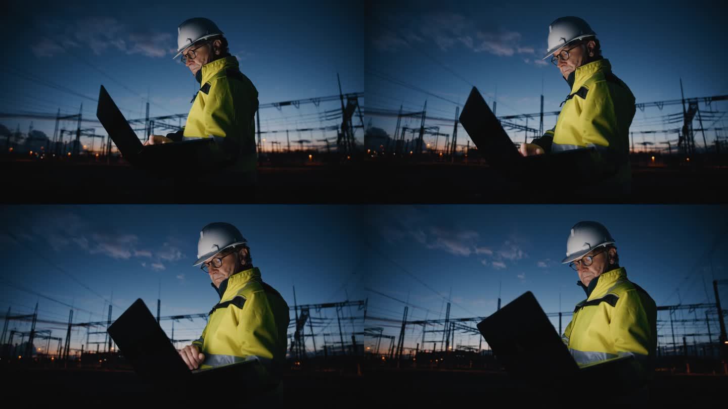 男性电气工程师在蓝天下使用笔记本电脑的低角度手持镜头