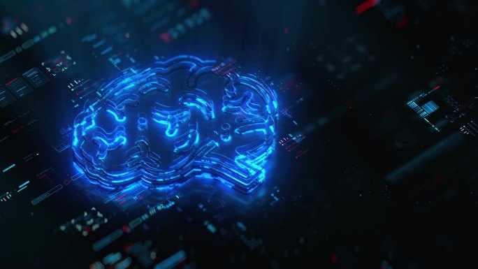未来科技背景下的数字脑全息图。人工智能进化的生产力。未来的大脑图标在世界的技术进步和创新。CGI 3