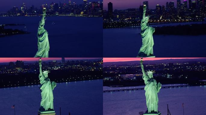 自由女神像的鸟瞰图。背景是曼哈顿和新泽西的天际线。纽约，美国。从直升机上拍摄的。