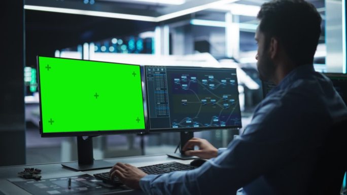 男性专业IT技术支持员和软件开发员，在监控控制室做绿屏模拟显示电脑。程序员修复服务中的小问题