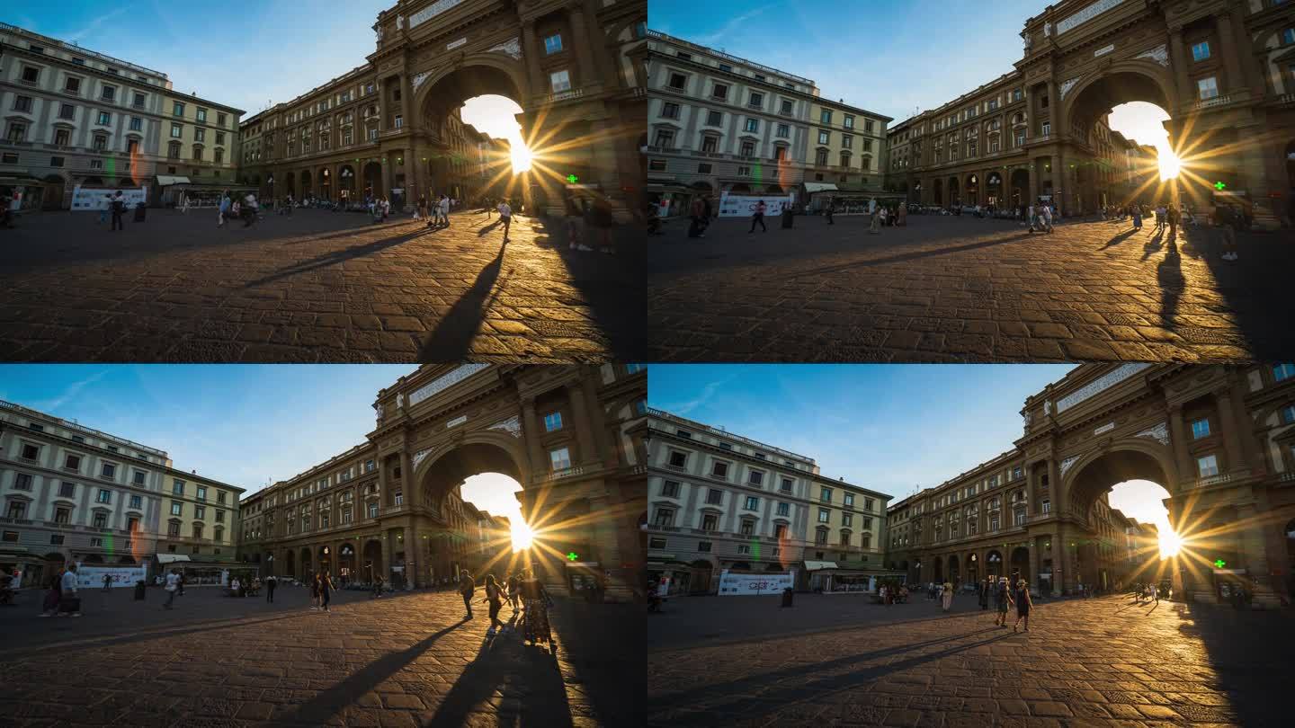 意大利佛罗伦萨城市广场，人群旅游漫步和放松的时间流逝