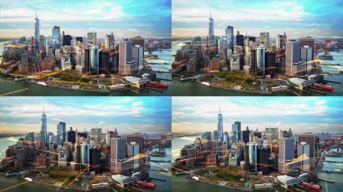 利用大数据网络技术鸟瞰纽约。未来。完美的说明:物联网，智慧城市，大数据，增强现实。从直升机上拍摄的。