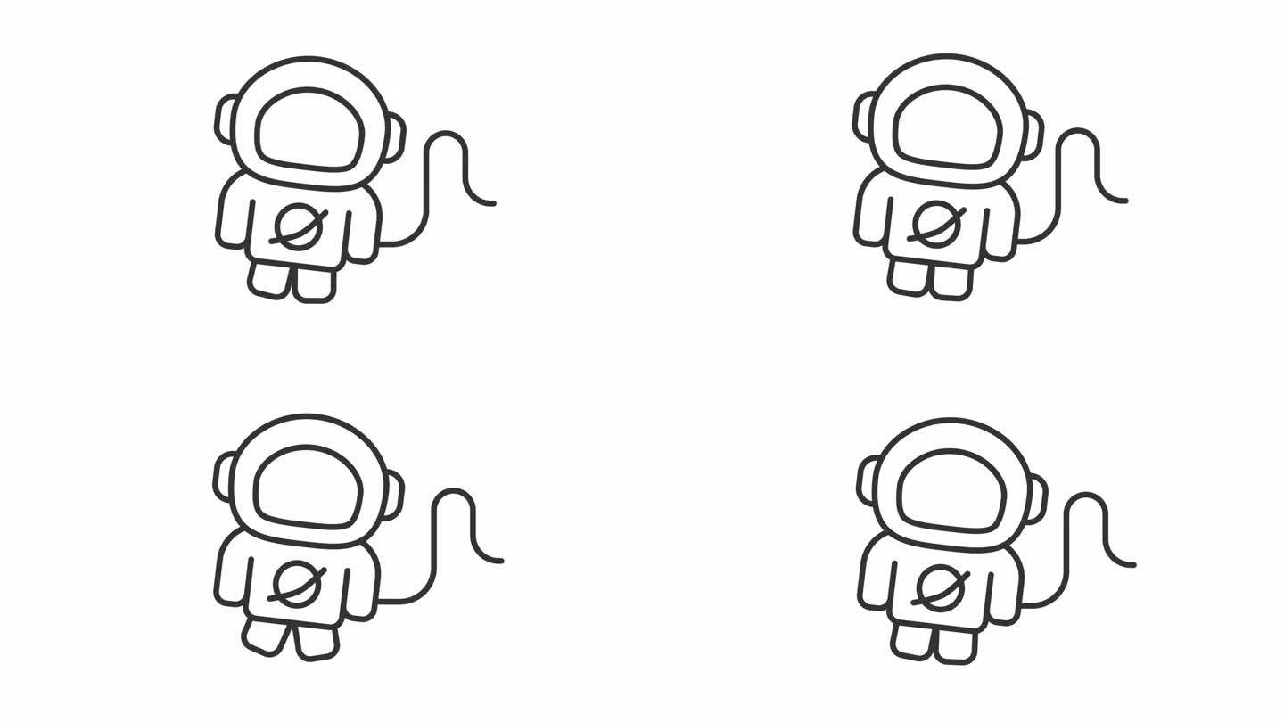 宇航员2D黑色细线动画，透明背景高清视频，代表空间的无缝循环4K视频