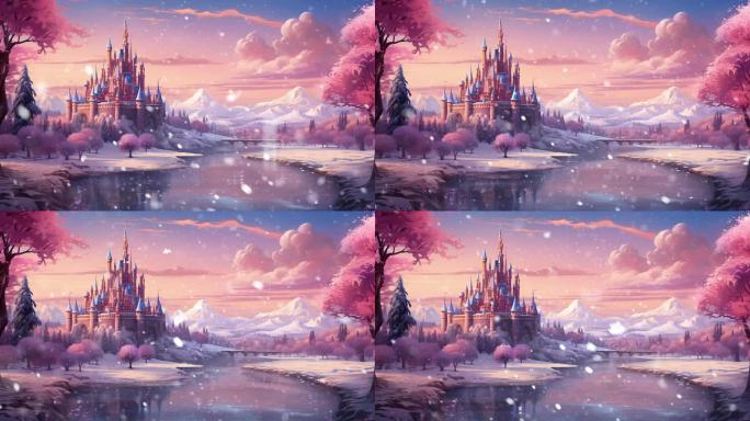 粉色童话城堡冬日飘雪背景