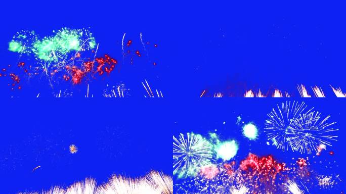 摘要:真实的烟花在蓝屏色度键背景下，7月4日独立日和新年前夕2024的概念。高品质的4k彩色慢动作电