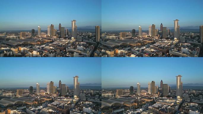 鸟瞰图法兰克福在清晨的主要天际线的实时镜头，尽管主要塔楼和现代金融大楼和摩天大楼，德国，