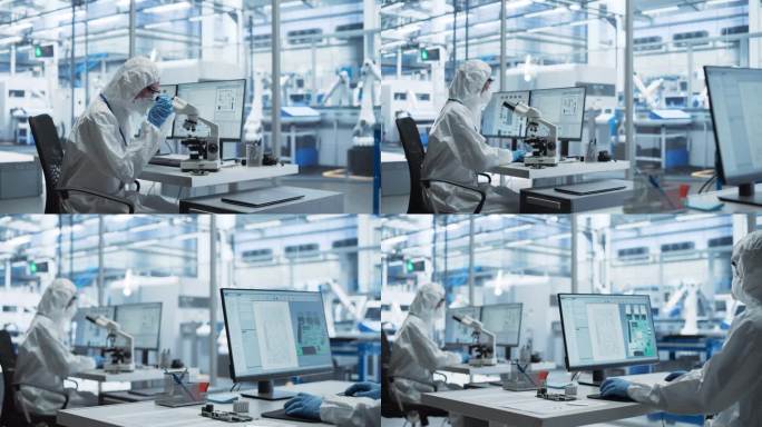工业科学家和工程师穿着一次性工作服，口罩和护目镜在生产工厂的洁净室。女同事使用显微镜，男同事在电脑上