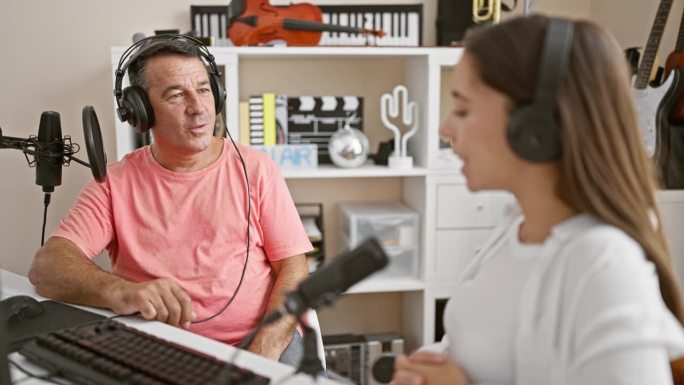 专业的男女采访者一起忙碌着，在广播演播室里进行直播，边说边听，桌上摆着麦克风和电脑