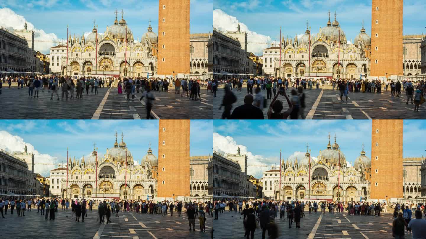 意大利威尼斯圣马可广场上的圣马可大教堂(Basilica di San Marco)与游客散步和观光