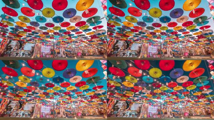 泰国清迈庙里的泼水节雨伞装饰
