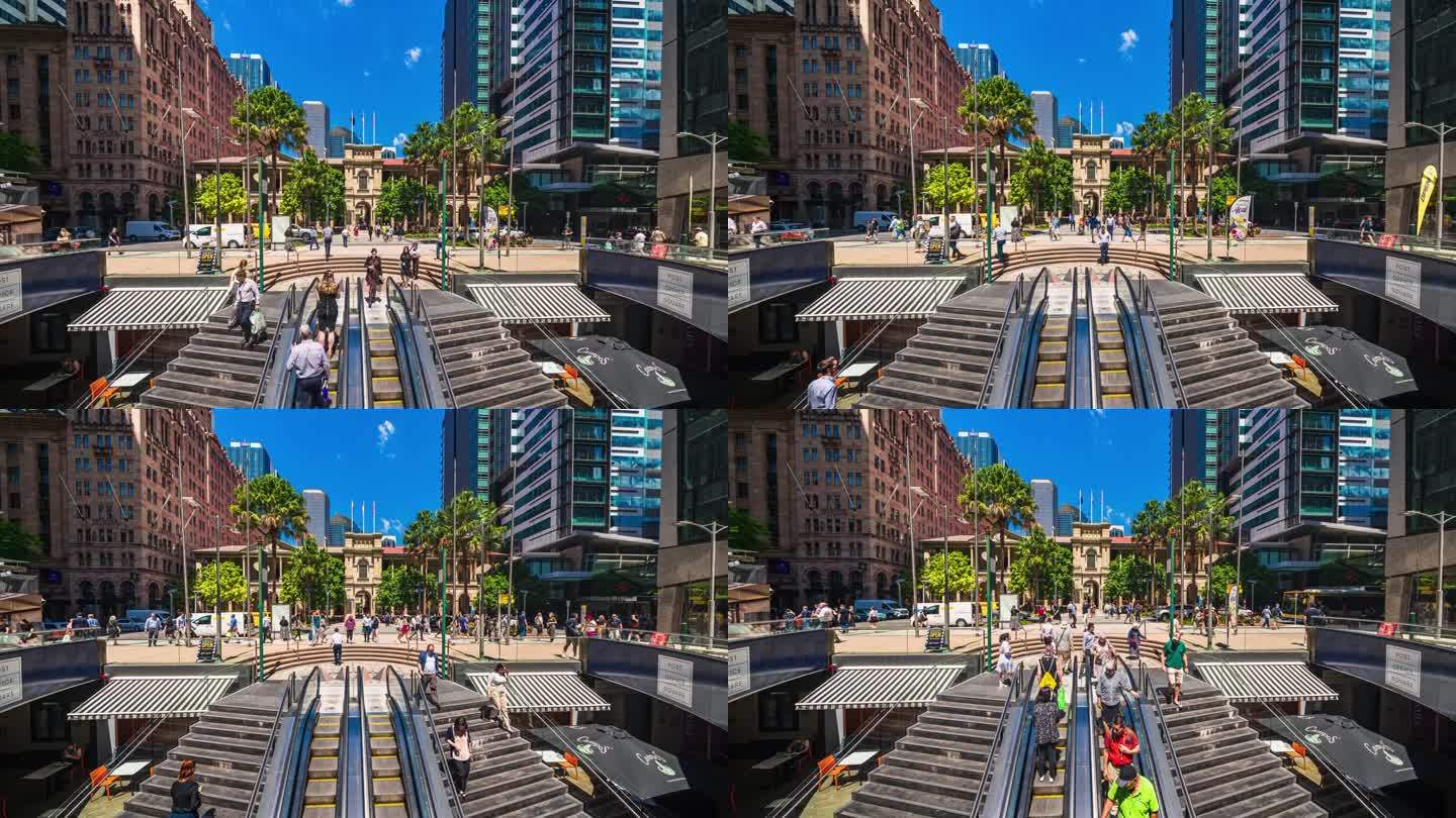 布里斯班邮局广场和澳新军团广场周围的行人和商人的4K延时镜头