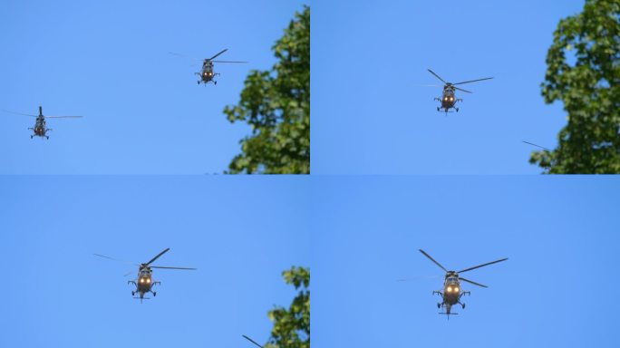 直升机在城市天空在4k慢动作60fps