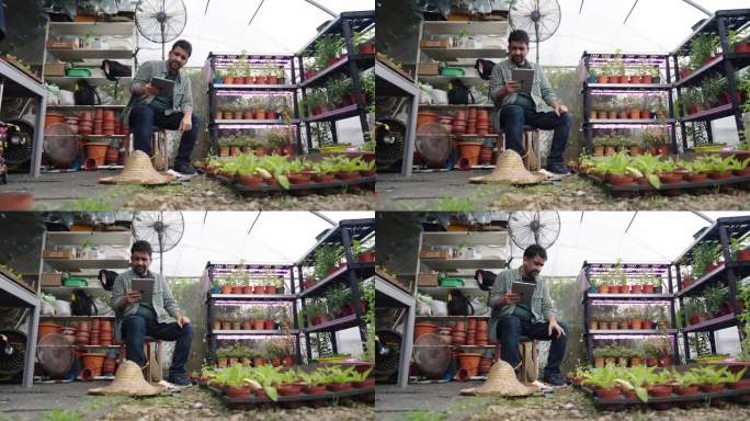 图为一位印度城市农民在一个小温室里进行质量控制检查