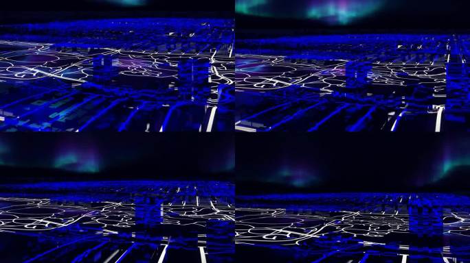有北极光的超宇宙城市网络的数字动画