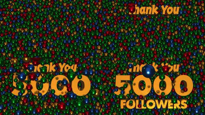 谢谢5000个追随者3d文本揭示推动金绿蓝红金属球坑球背景3d渲染