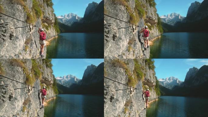 一名女子在奥地利的geroldseellake上爬过ferrata