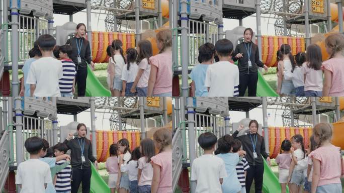 多元文化儿童在学校操场与女老师一起享受户外游戏。
