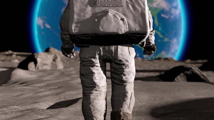 穿着宇航服的月球宇航员在月球上行走。行星地球是可见的。3d渲染动画
