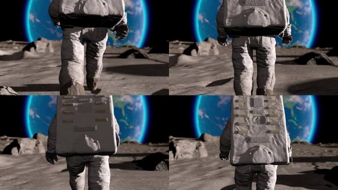 穿着宇航服的月球宇航员在月球上行走。行星地球是可见的。3d渲染动画
