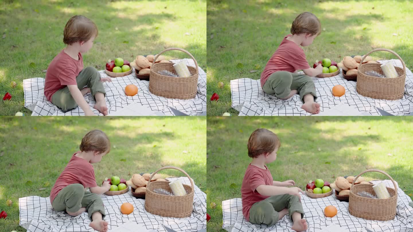 一个可爱的白人男孩坐在村庄公园草地上的扎布上，一边饿着肚子，一边玩得很开心，直到累了。男孩摘水果和面
