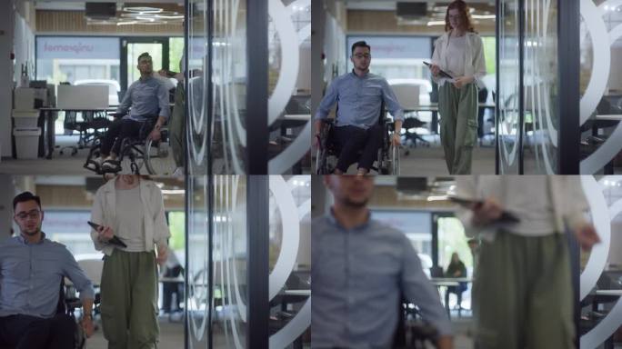 年轻的商业同事，合作的商业同事，包括一个坐轮椅的人，走过现代化的玻璃办公室走廊，展示了工作场所的多样