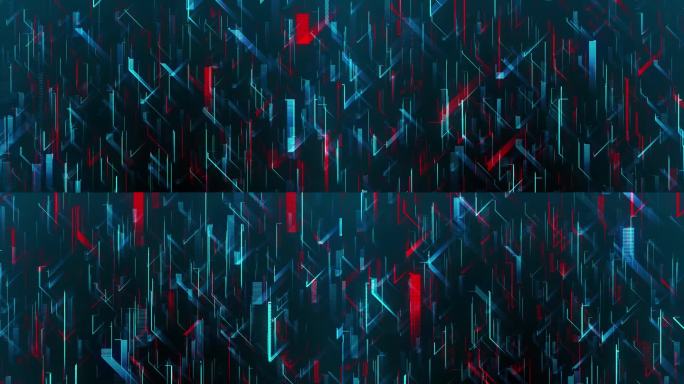 4K霓虹背景的数字红蓝元素与粒子和数字数据连接