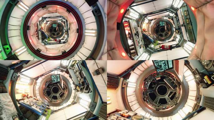摄像机在飞船模块中滑动，创造出适合幻想、未来主义或太空旅行主题背景的动画。