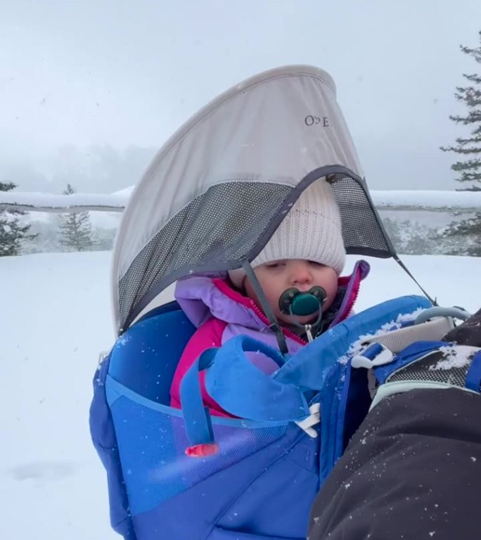 孩子被放在背包里穿过暴风雪