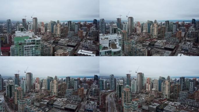 温哥华城市的高角度平移镜头。汽车在繁忙的街道上行驶