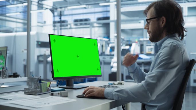 软件开发人员在台式电脑上工作，绿屏模拟模板显示在一个工业工厂。技术研发办公室监控生产过程