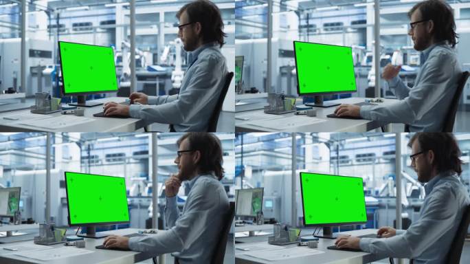 软件开发人员在台式电脑上工作，绿屏模拟模板显示在一个工业工厂。技术研发办公室监控生产过程