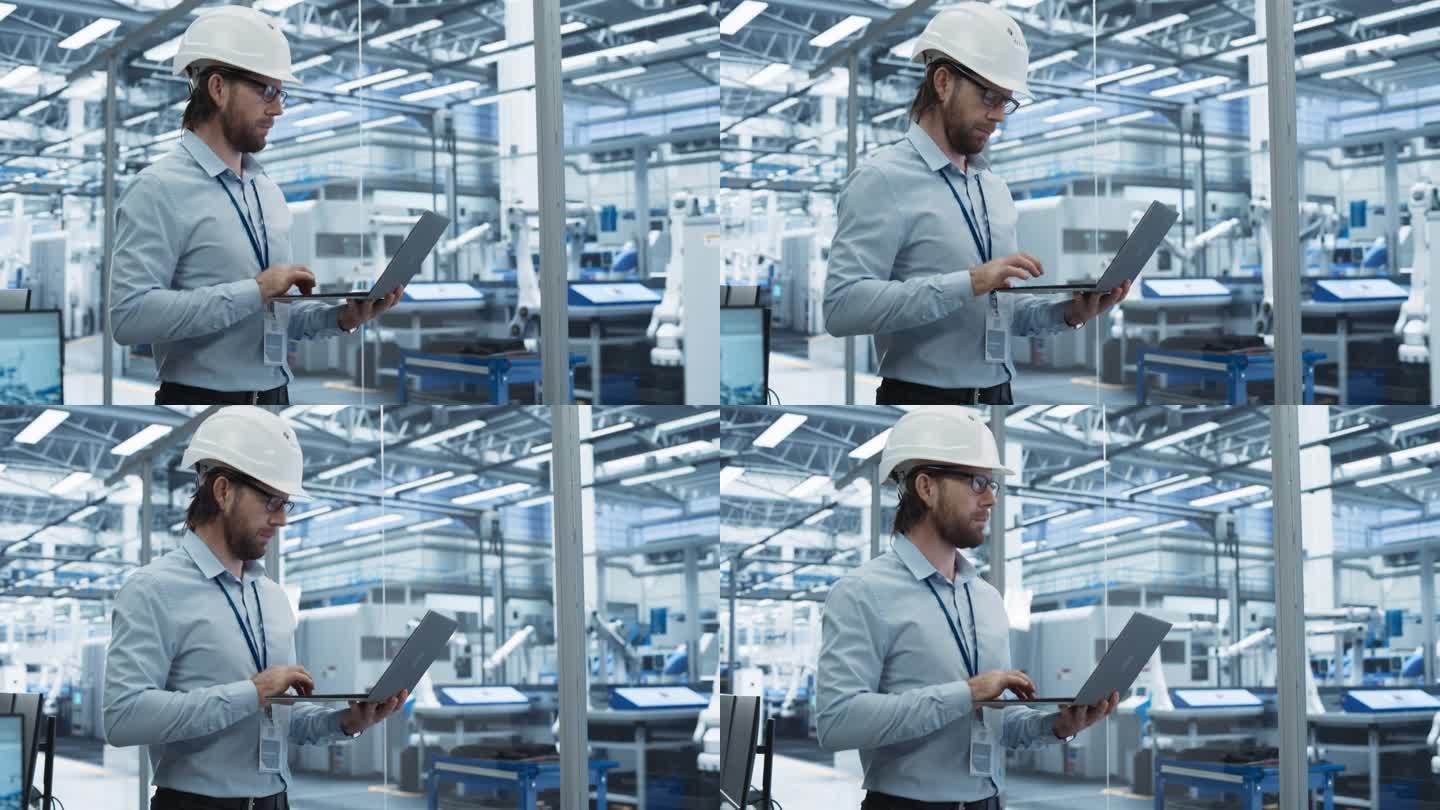 首席技术官在工厂的传送带上摆弄笔记本电脑，配有自动机械臂。头戴白色安全帽在装配线上工作的工业工程师