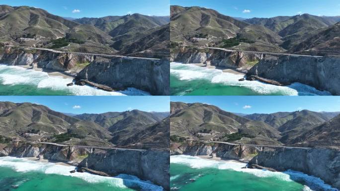 美国加州1号公路上的石溪桥。加州海洋路的历史性自驾游。海边的风景。美国加州1号公路上的石溪桥。